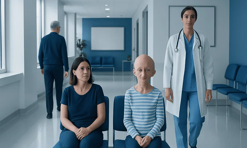 Young girl with progeria sitting in a hospital waiting area with medical staff nearby.