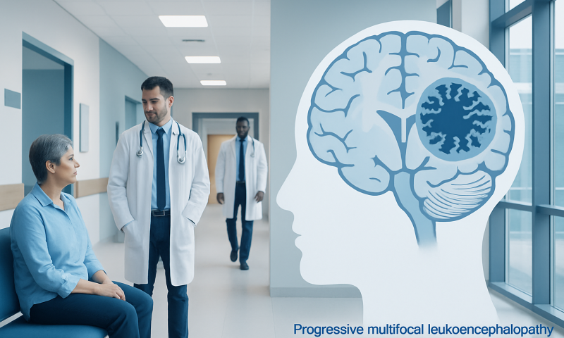 Medical consultation about progressive multifocal leukoencephalopathy in hospital corridor.