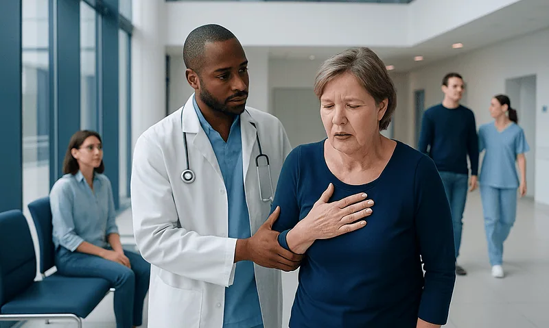 Doctor assisting an elderly woman with chest pain in hospital corridor.