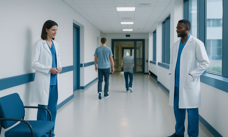 Doctors and patients in a modern hospital corridor at Acibadem Hospitals Group.