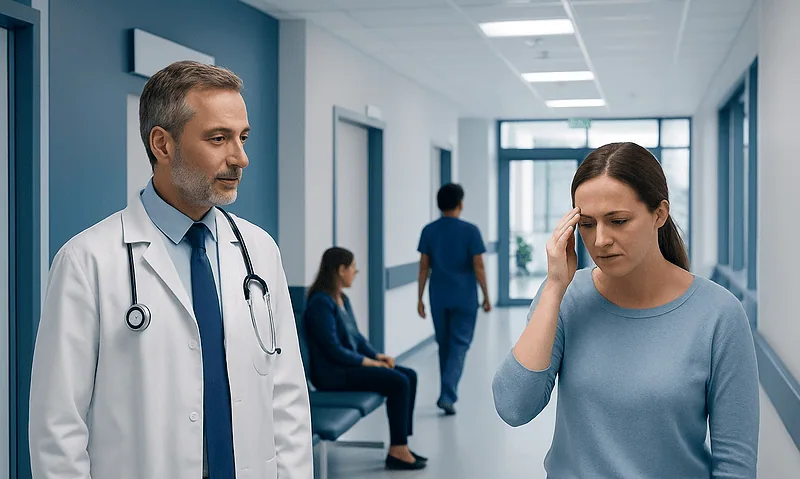 Patient experiencing headache in hospital corridor with doctor nearby.