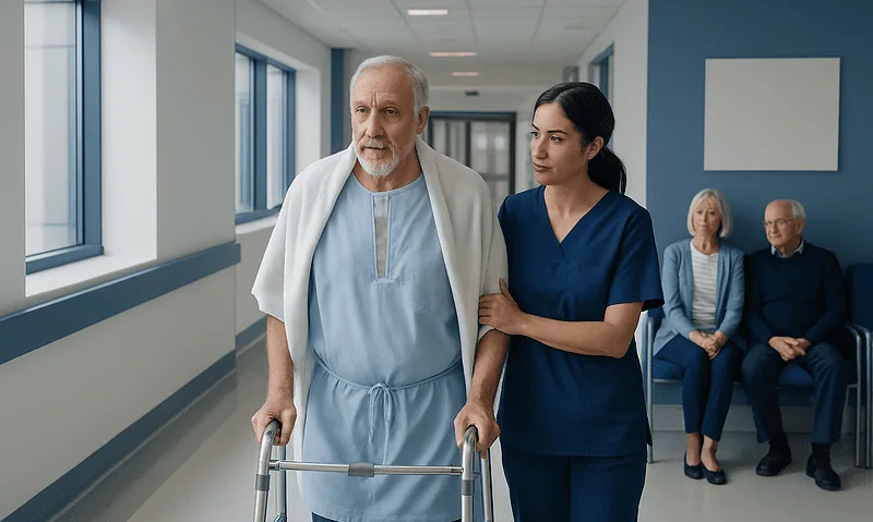 Older man with walker and nurse in hospital corridor.
