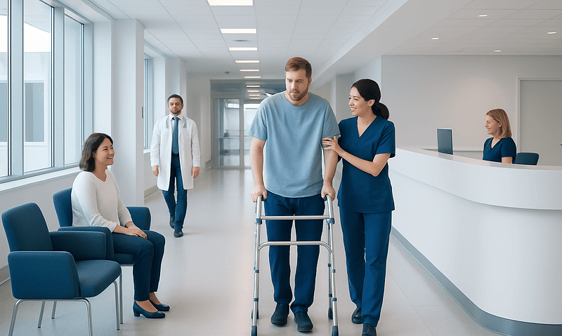 Patient using walker with nurse assistance in hospital corridor.