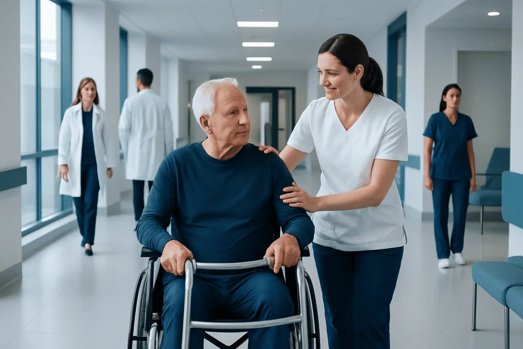 Recovery After Stroke: Timeline, Rehabilitation, and Realistic Expectations 1 Rehabilitation team assisting a stroke patient in hospital corridor.