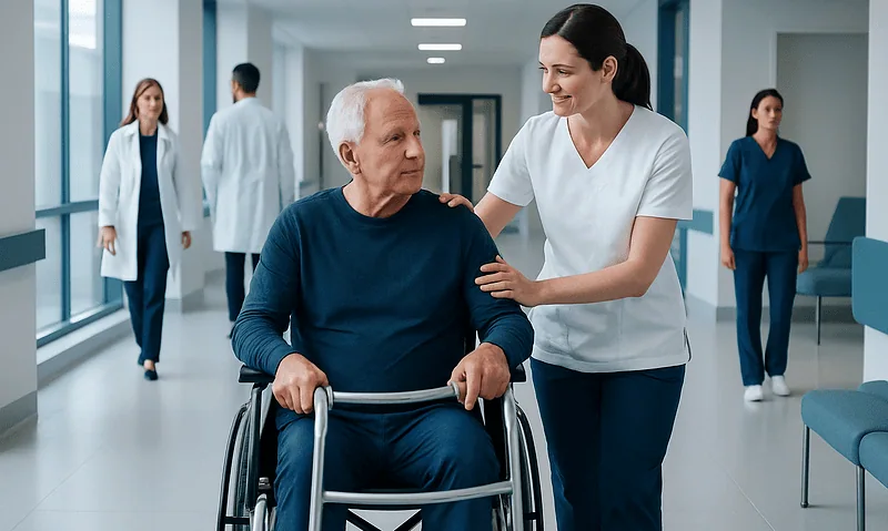 Rehabilitation team assisting a stroke patient in hospital corridor.