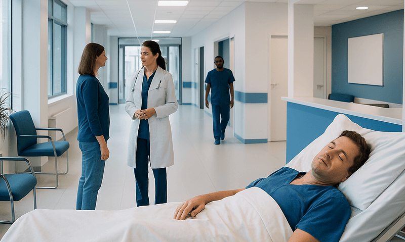 Hospital scene with patient and medical staff in a modern healthcare facility.
