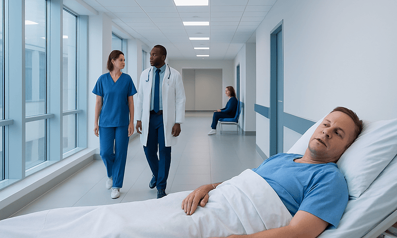Hospital room with patient and healthcare professionals in a modern medical facility.