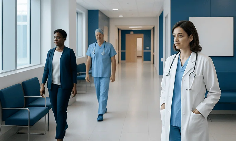 Medical team walking in hospital corridor with doctor in foreground.