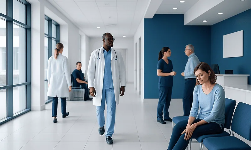 Hospital corridor with medical staff and a patient sitting on a bench.