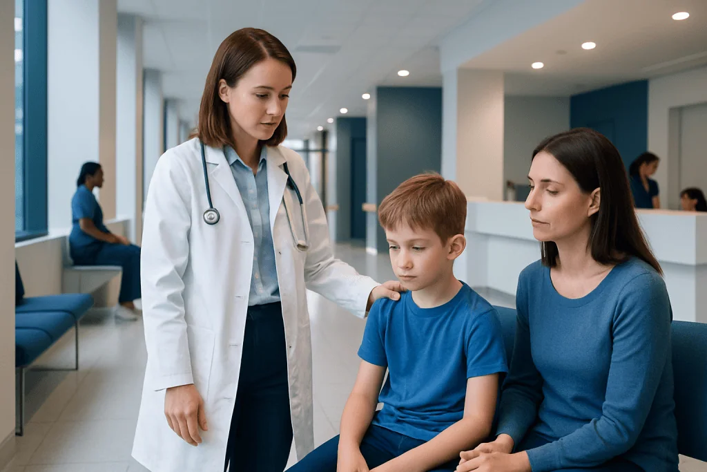Ringworm in Children: Rash Signs, Contagion, and How It Is Treated 1 Doctor examining a child's skin in a hospital waiting area.