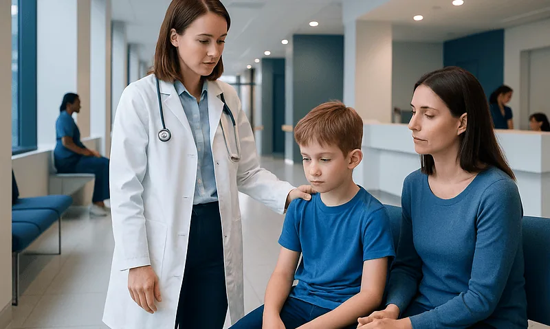 Doctor examining a child's skin in a hospital waiting area.