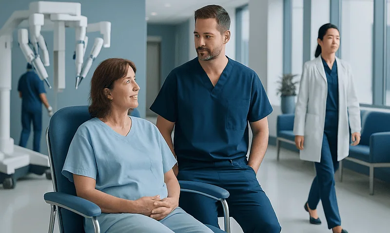 Medical team discussing patient care in a modern hospital setting.