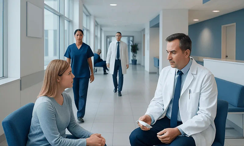 Doctor consulting a patient in a modern hospital corridor.