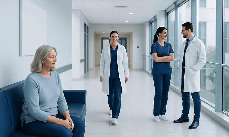Medical team consulting with elderly patient in hospital corridor.