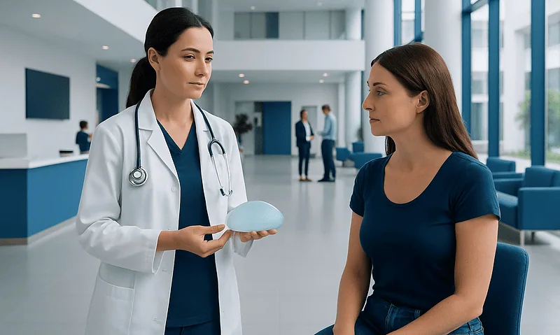 Doctor explaining breast implant options to a patient in a hospital lobby.