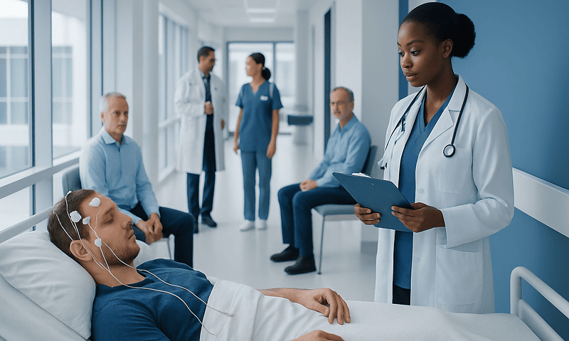 Medical team monitoring patient during sleep study in hospital.