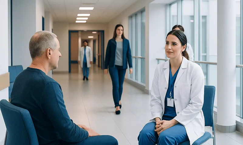 Doctor consulting patient in hospital corridor for spinal cord stimulation.