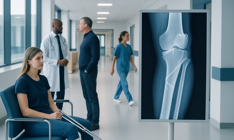 Patient waiting in hospital corridor with knee X-ray display nearby.