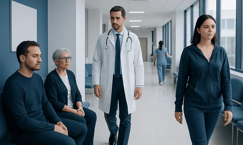 Stomach Cancer: Early Symptoms, Endoscopy, and Staging 3 Doctor walking past patients in hospital corridor.