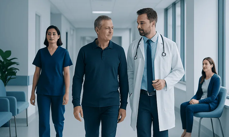 Medical team discussing patient care in hospital corridor.
