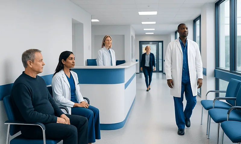 Medical team waiting in hospital corridor for stroke treatment.