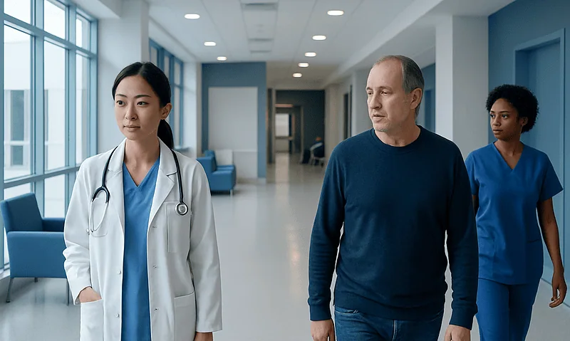 T Cell Lymphoma: Symptoms, Causes, and Treatment Options 7 Medical professionals and patient walking in hospital corridor.