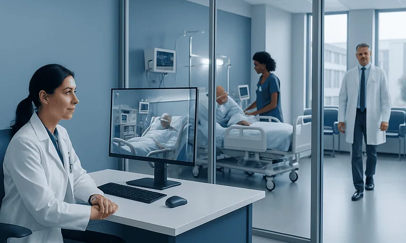 Medical professionals monitor patients in a modern hospital ICU.