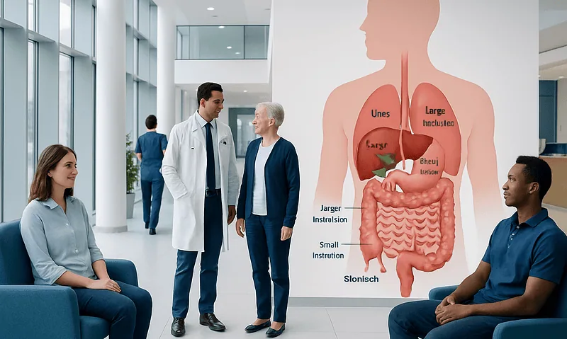 Medical consultation in hospital with digestive system diagram in background.