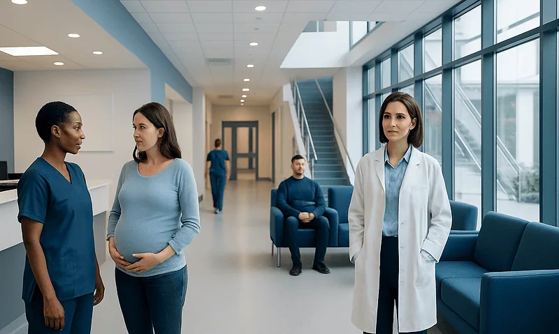 Medical professionals and a pregnant woman in a hospital corridor.