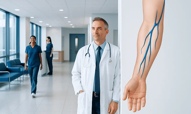 Doctor and medical staff in hospital corridor with leg vein diagram.