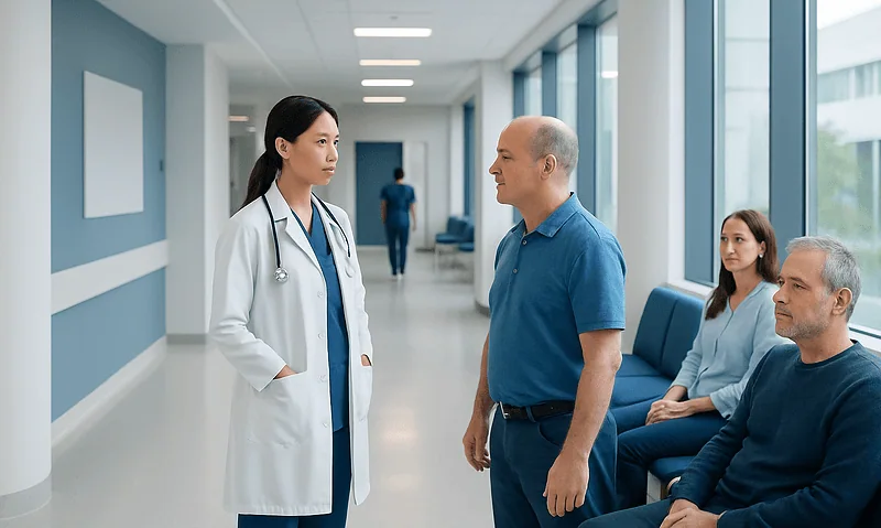 Doctor consulting with patients in a hospital corridor.
