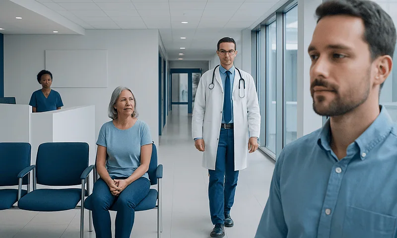 Medical consultation in a modern hospital corridor with patients and doctor.