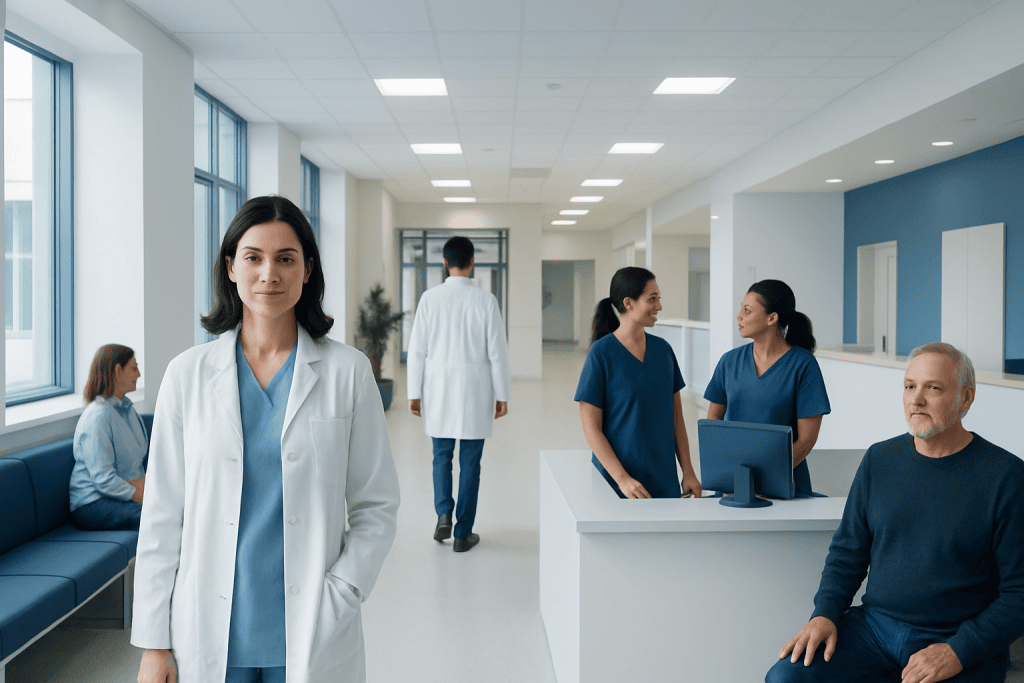 Hemogram Test: Why It Is Done and What the Results Can Show 1 Healthcare professionals and patients in a modern hospital corridor.
