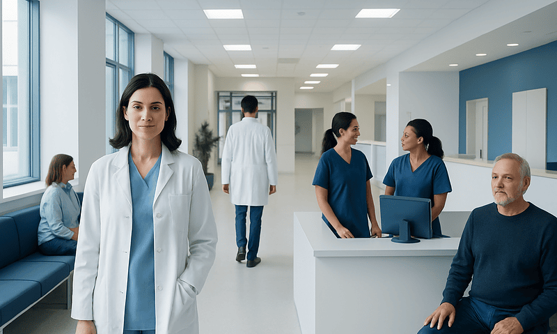 Healthcare professionals and patients in a modern hospital corridor.