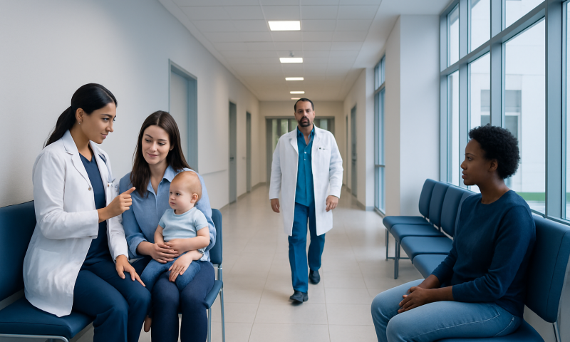 Pediatric vaccination consultation at Acibadem Hospital with medical staff and mother.