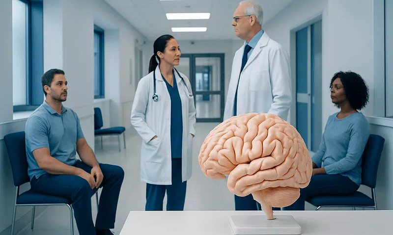 Medical professionals discuss brain health in a hospital corridor.