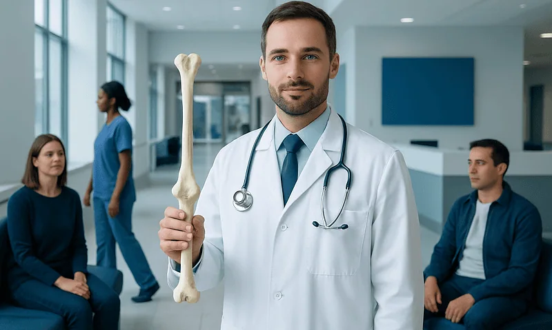 Doctor holding a large bone model in a hospital waiting area.