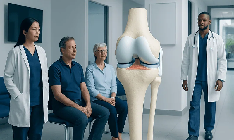 Medical consultation on knee anatomy with doctors and a knee model.