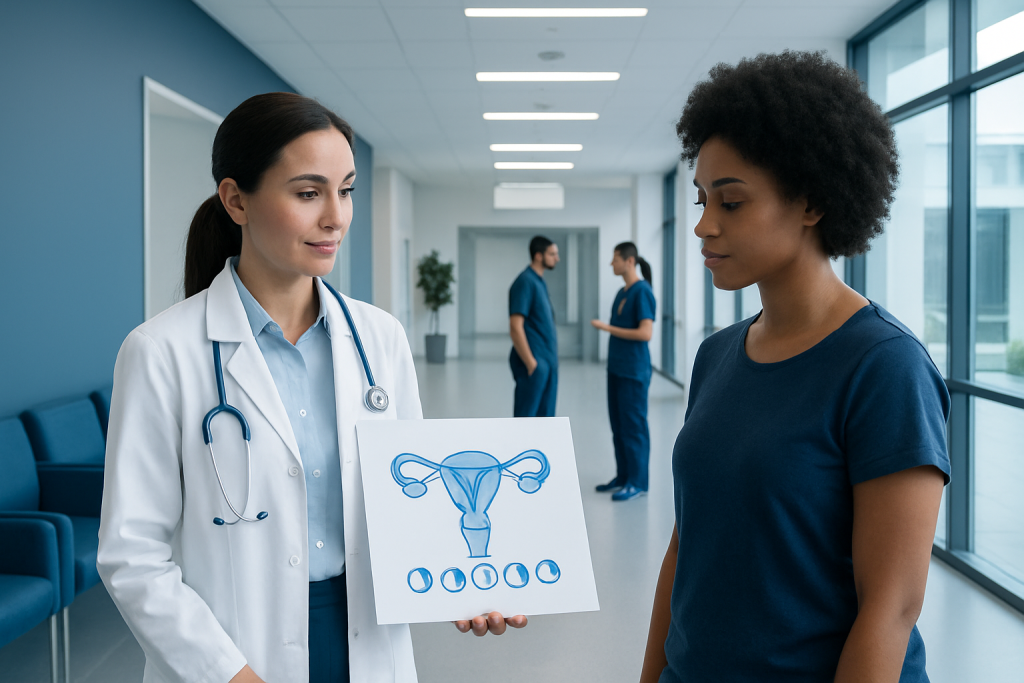 Menstrual Cycle Phases Explained: Causes, Management, and When to See a Doctor 1 Doctor explaining female reproductive system to patient in hospital corridor.