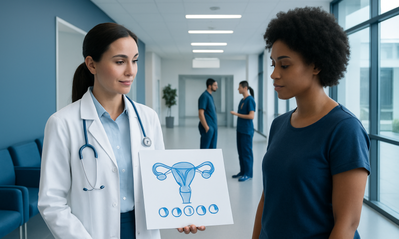 Doctor explaining female reproductive system to patient in hospital corridor.