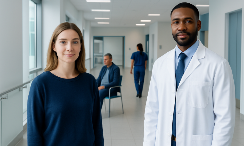 Medical professionals in a hospital corridor at Acibadem Hospitals Group.