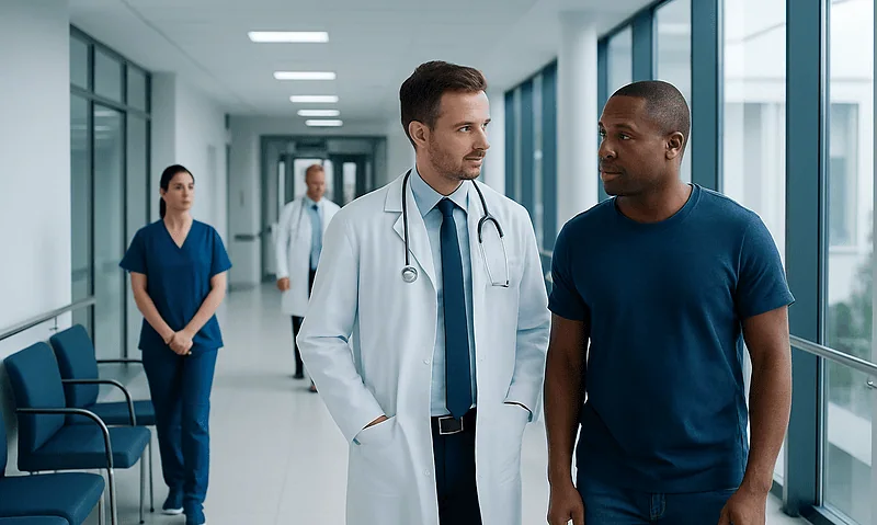 Doctor consulting with patient in hospital corridor with medical staff in background.