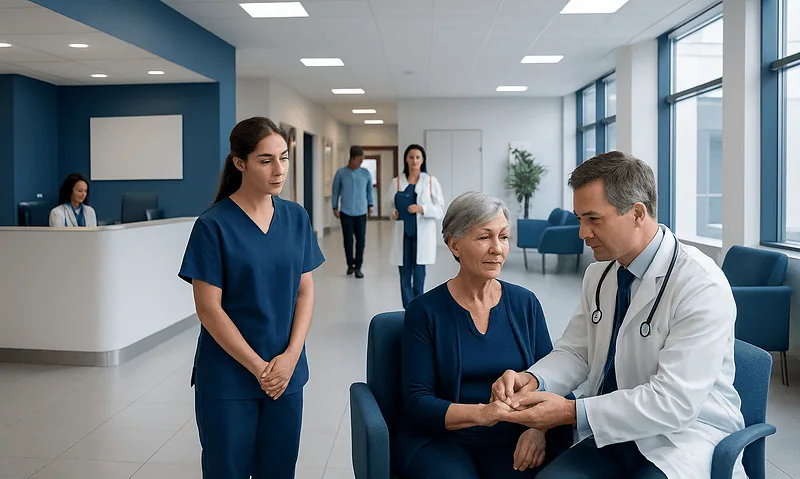 Doctor examining elderly patient in hospital corridor with nurses nearby.
