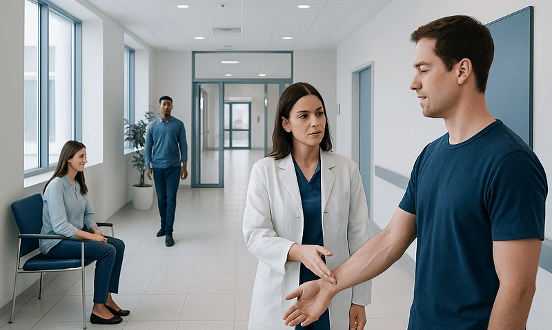 Doctor shaking hands with patient in hospital corridor.