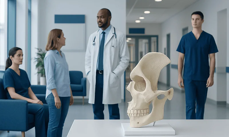 Medical team discussing zygomatic bone with skull model in hospital corridor.