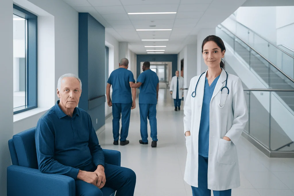 Thrombectomy Recovery: Hospital Stay, Aftercare, and What Improvements to Expect 1 Healthcare professionals and patient in hospital corridor at Acibadem Hospitals Group.