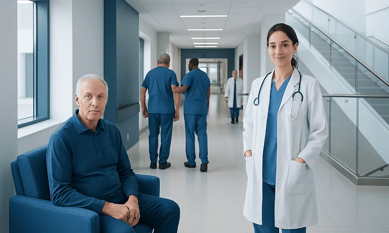 Healthcare professionals and patient in hospital corridor at Acibadem Hospitals Group.