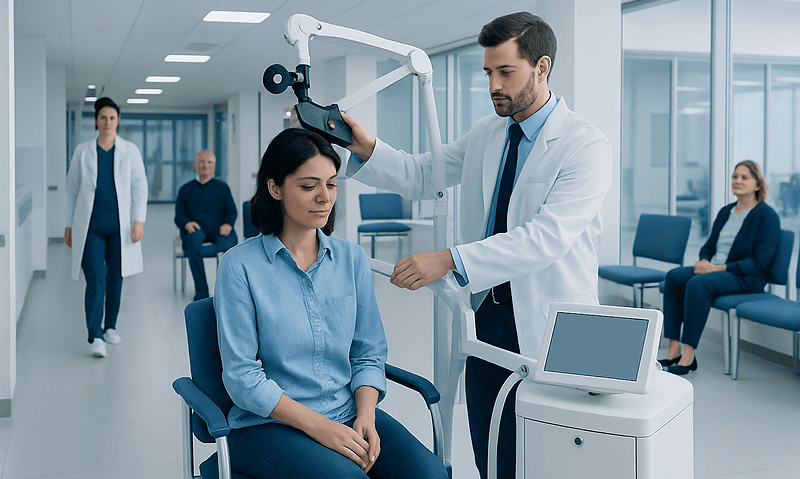Doctor performing neuromodulation treatment on patient in hospital.