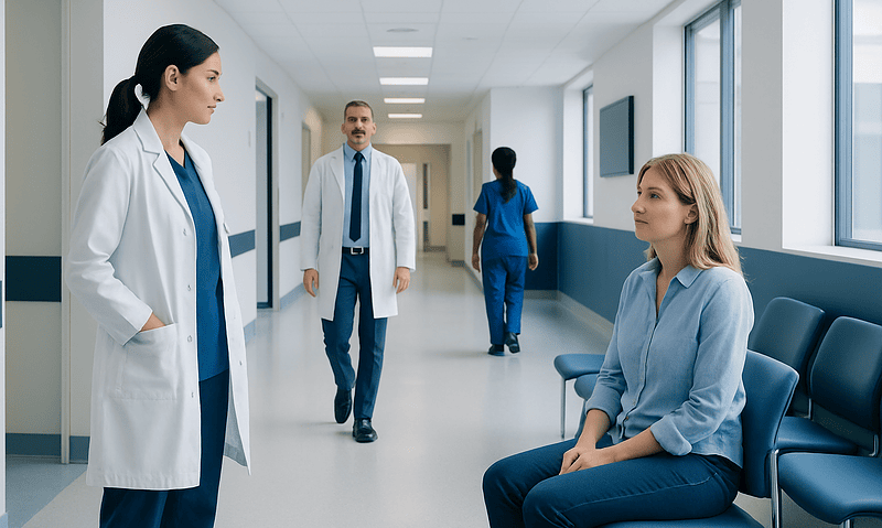 Medical team consulting with a patient in a hospital corridor.