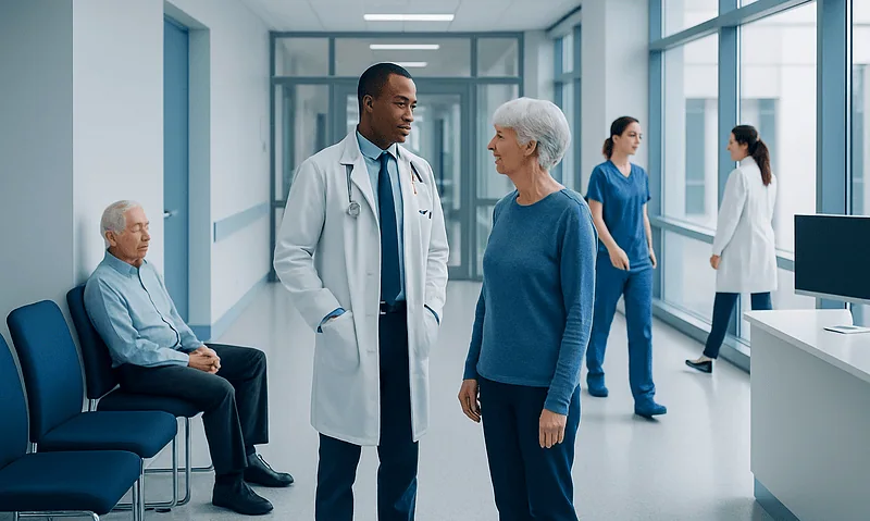 Doctor consulting elderly patient in hospital corridor.